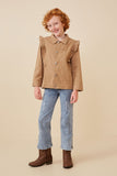 GY6429 KHAKI Girls Ruffled Shoulder Twill Jacket Full Body