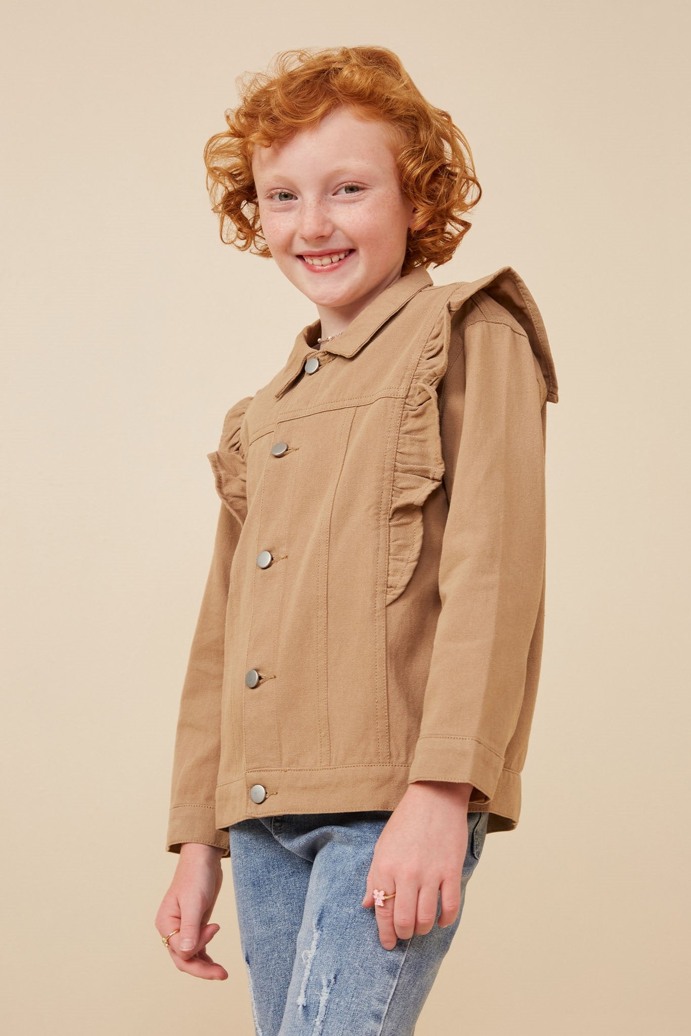 GY6429 KHAKI Girls Ruffled Shoulder Twill Jacket Side