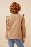 GY6429 KHAKI Girls Ruffled Shoulder Twill Jacket Back