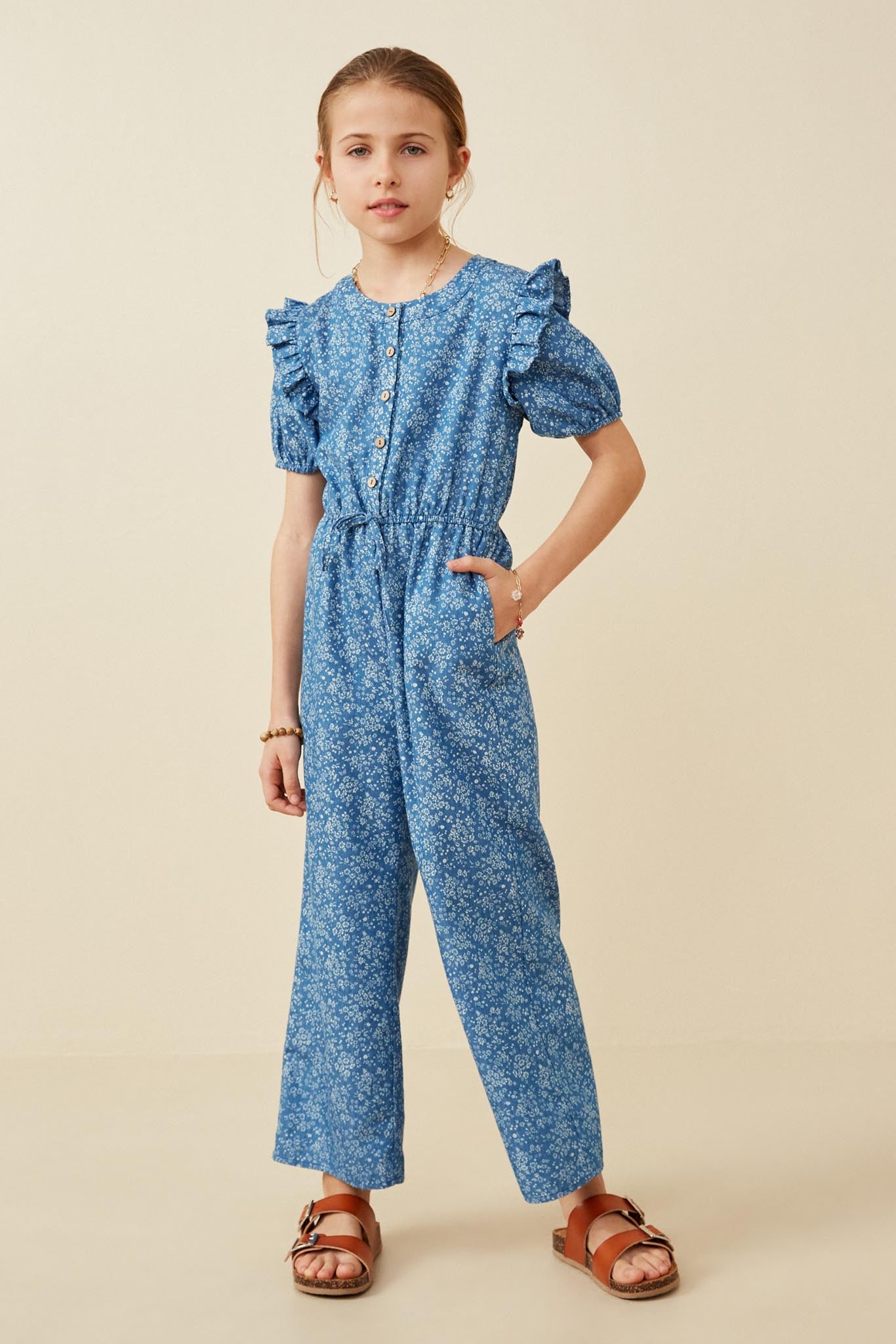 Ditsy Floral Chambray Buttoned Jumpsuit