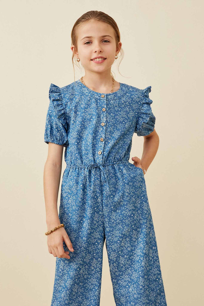 GY6431 Mid Denim Girls Ditsy Floral Chambray Buttoned Jumpsuit Front