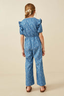 GY6431 Mid Denim Girls Ditsy Floral Chambray Buttoned Jumpsuit Back