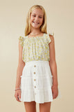 GY6434 YELLOW Girls Floral Print Flutter Sleeve Smocked Tank Front