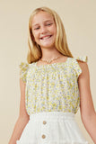 GY6434 YELLOW Girls Floral Print Flutter Sleeve Smocked Tank Detail
