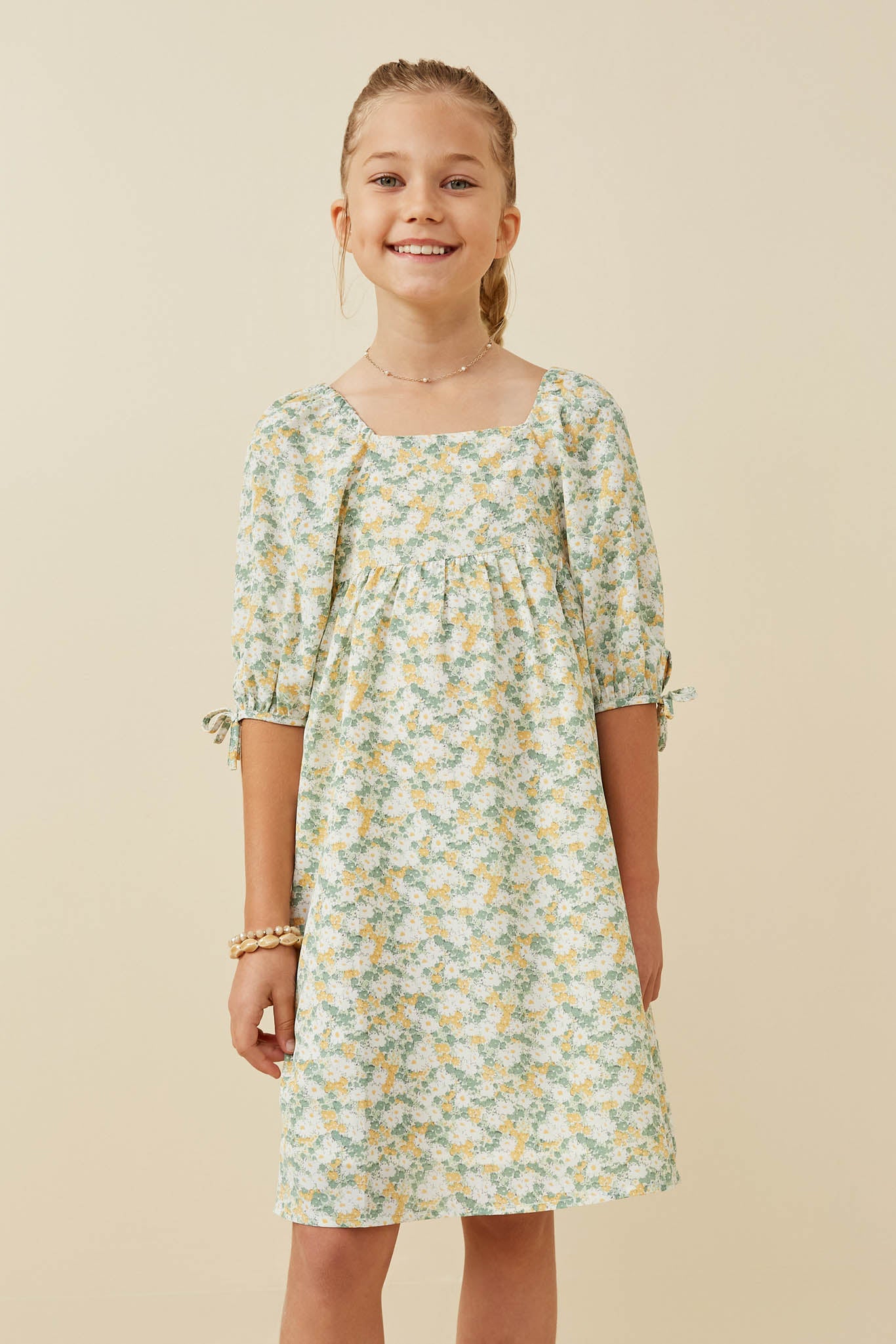 Floral Print Square Neck Puff Sleeve Midi Dress