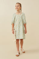 GY6435 SAGE Girls Floral Print Square Neck Puff Sleeve Midi Dress Full Body