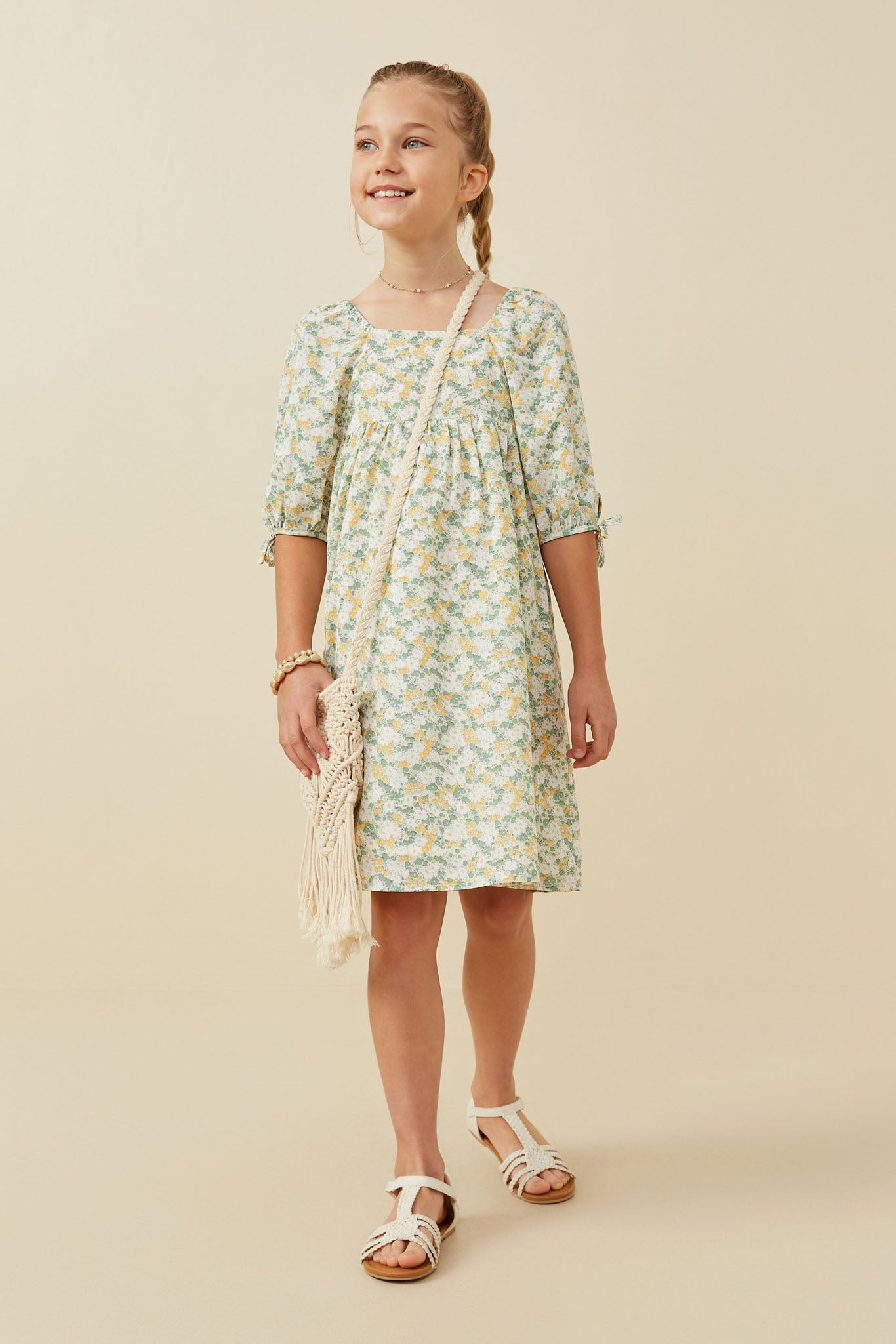 GY6435 SAGE Girls Floral Print Square Neck Puff Sleeve Midi Dress Full Body