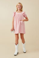 GY6436 BLUSH Girls Patch Pocket Square Neck Ruffled Dress Full Body
