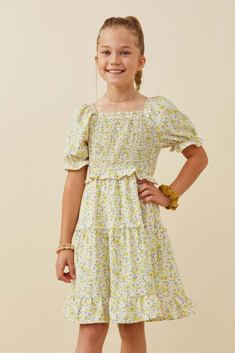 GY6438 YELLOW Girls Ruffled Smocked Square Neck Floral Print Dress Front