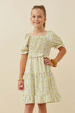 GY6438 YELLOW Girls Ruffled Smocked Square Neck Floral Print Dress Front