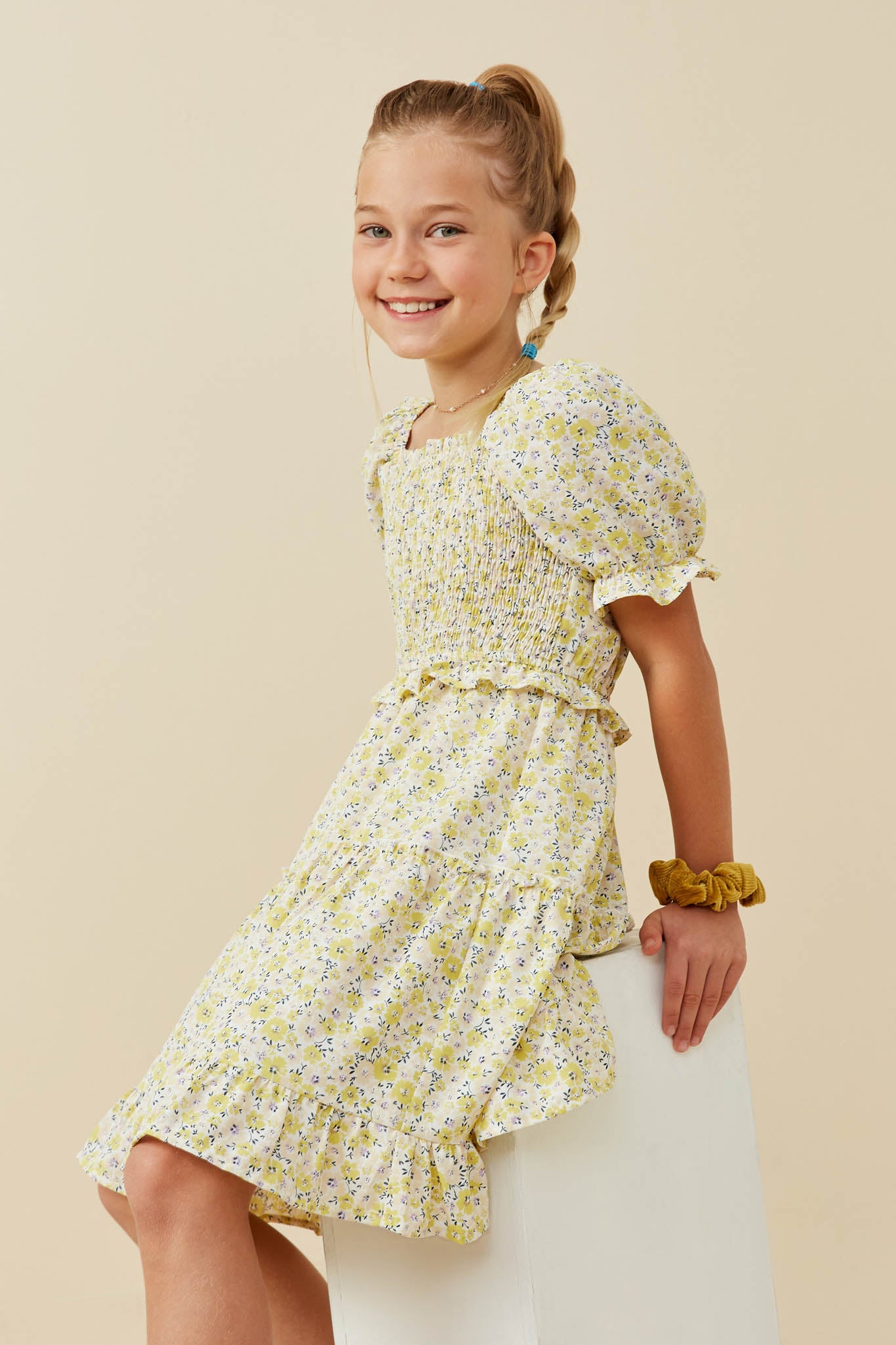 Ruffled Smocked Square Neck Floral Print Dress