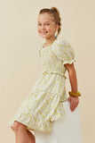 GY6438 YELLOW Girls Ruffled Smocked Square Neck Floral Print Dress Pose