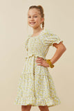 GY6438 YELLOW Girls Ruffled Smocked Square Neck Floral Print Dress Side