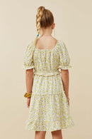 GY6438 YELLOW Girls Ruffled Smocked Square Neck Floral Print Dress Back