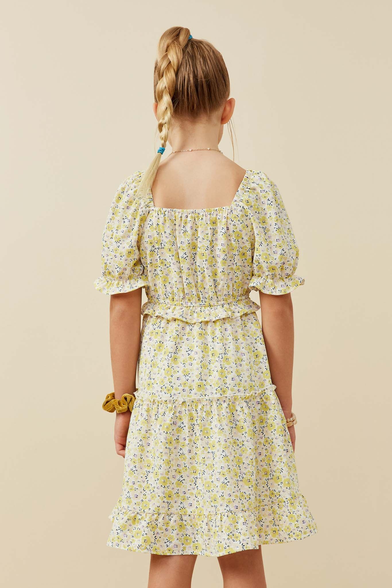 GY6438 YELLOW Girls Ruffled Smocked Square Neck Floral Print Dress Back