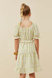 GY6438 YELLOW Girls Ruffled Smocked Square Neck Floral Print Dress Back