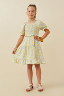 GY6438 YELLOW Girls Ruffled Smocked Square Neck Floral Print Dress Full Body