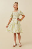 GY6438 YELLOW Girls Ruffled Smocked Square Neck Floral Print Dress Full Body
