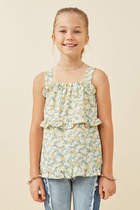 GY6441 Sage Mix Girls Ditsy Floral Ruffled Detail Tank Front