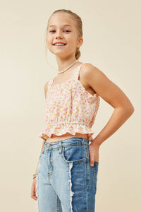 GY6443 Pink Girls Textured Ditsy Floral Crop Balloon Tank Side