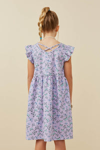 GY6446 Lavender Girls Butterfly Print Flutter Sleeve Dress Back