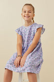 GY6446 Lavender Girls Butterfly Print Flutter Sleeve Dress Pose