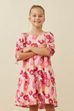 GY6447 PINK Girls Large Floral Square Neck Puff Sleeve Dress Front