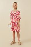 GY6447 PINK Girls Large Floral Square Neck Puff Sleeve Dress Full Body
