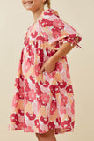 GY6447 PINK Girls Large Floral Square Neck Puff Sleeve Dress Side