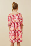 GY6447 PINK Girls Large Floral Square Neck Puff Sleeve Dress Back