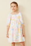 GY6448 BLUSH MIX Girls Cloudy Tie Dye Print Square Neck Puff Sleeve Dress Front