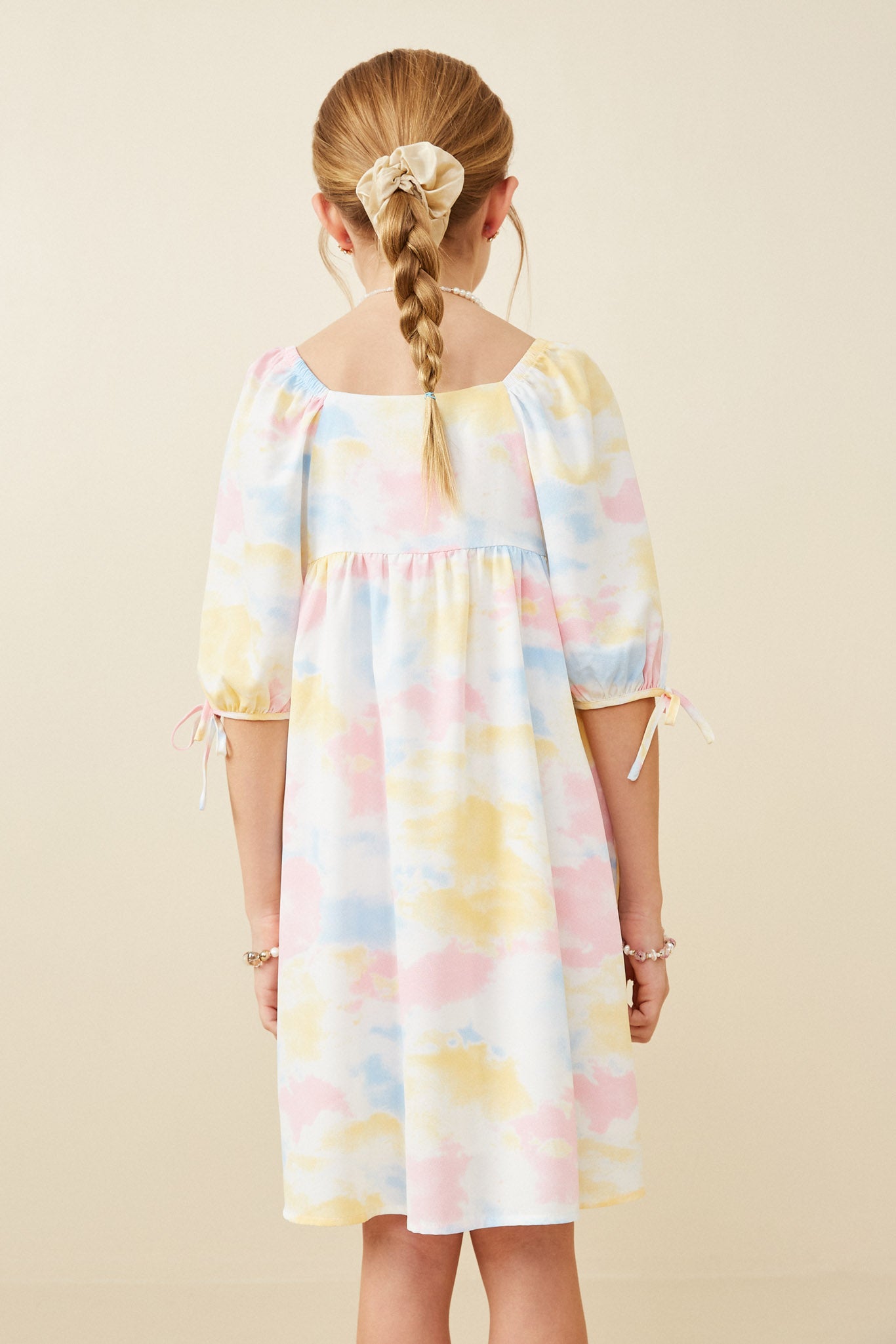 GY6448 BLUSH MIX Girls Cloudy Tie Dye Print Square Neck Puff Sleeve Dress Back