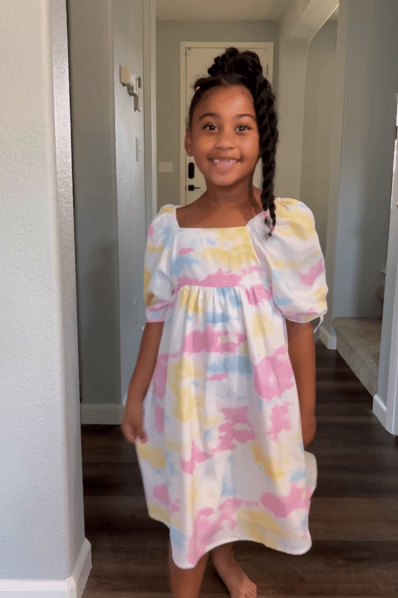 Cloudy Tie Dye Print Square Neck Puff Sleeve Dress