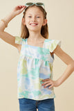 GY6452 Lime Mix Girls Cloudy Tie Dye Print Flutter Sleeve Square Neck Tank Front