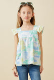 GY6452 Lime Mix Girls Cloudy Tie Dye Print Flutter Sleeve Square Neck Tank Front 2
