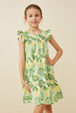 GY6453 Green Girls Large Floral Print Ruffled Tank Dress Front