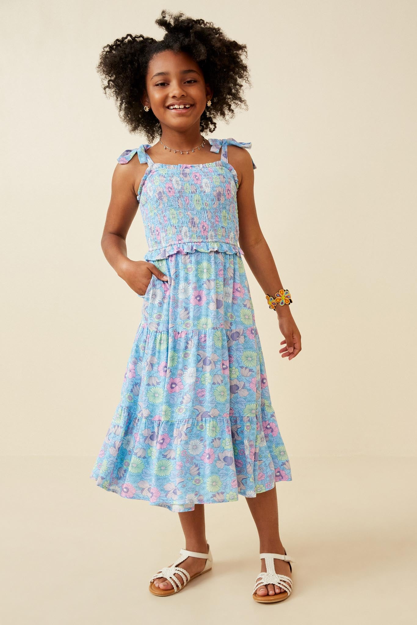 Floral Print Ruffled Smocked Tie Strap Dress