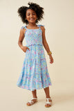 GY6454 Blue Girls Floral Print Ruffled Smocked Tie Strap Dress Full Body