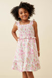 GY6455 PINK Girls Floral Print Ruffled Smocked Flutter Tank Dress Front