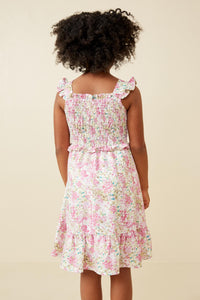 GY6455 PINK Girls Floral Print Ruffled Smocked Flutter Tank Dress Back