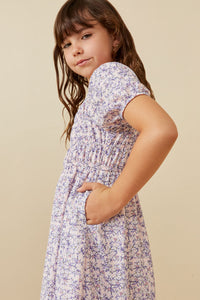 GY6457 Blush Girls Floral Print Asymmetric Ruffled Puff Sleeve Dress Side