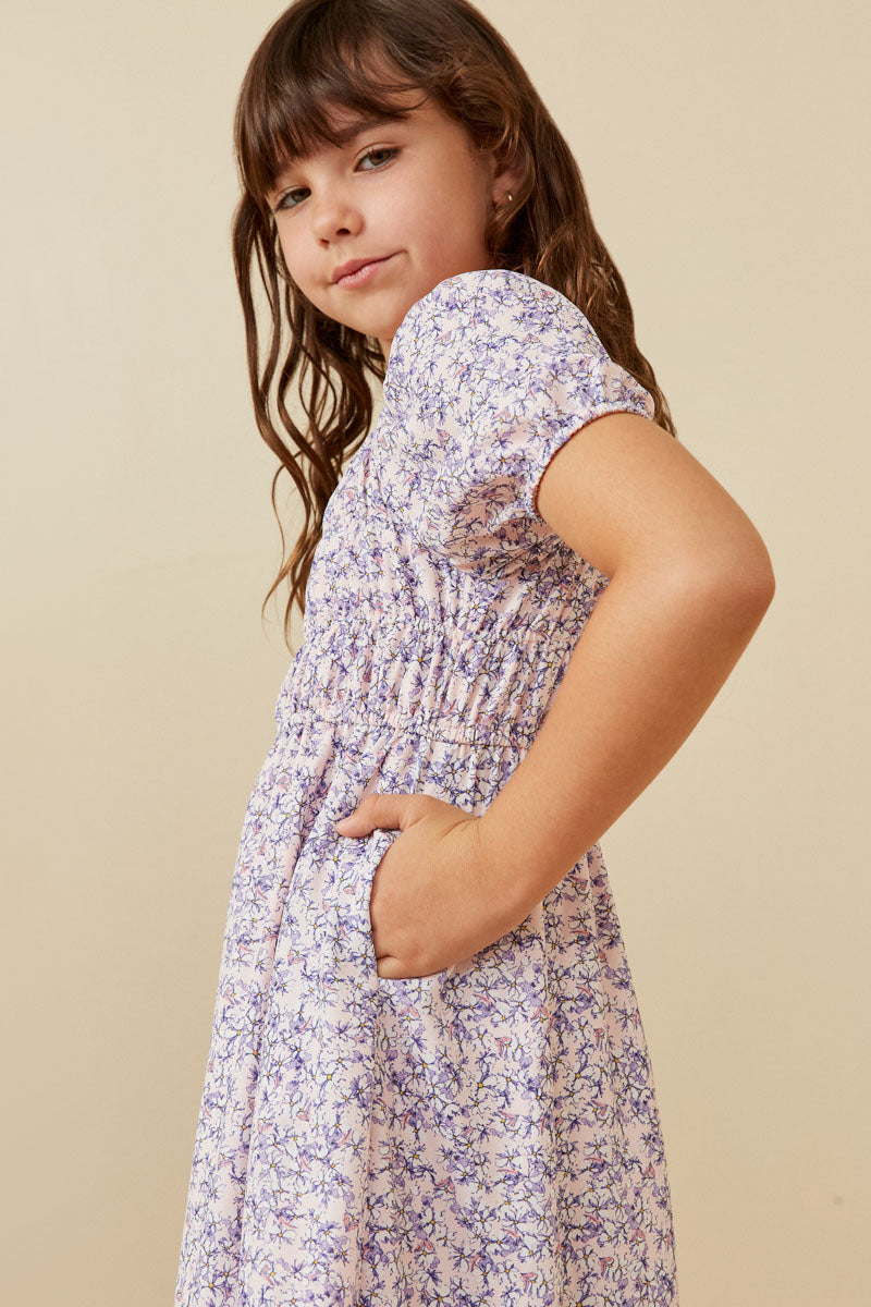 GY6457 Blush Girls Floral Print Asymmetric Ruffled Puff Sleeve Dress Side