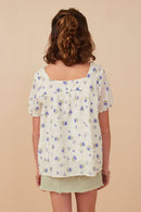 GY6458 Lavender Girls Textured Floral Square Neck Top Detail