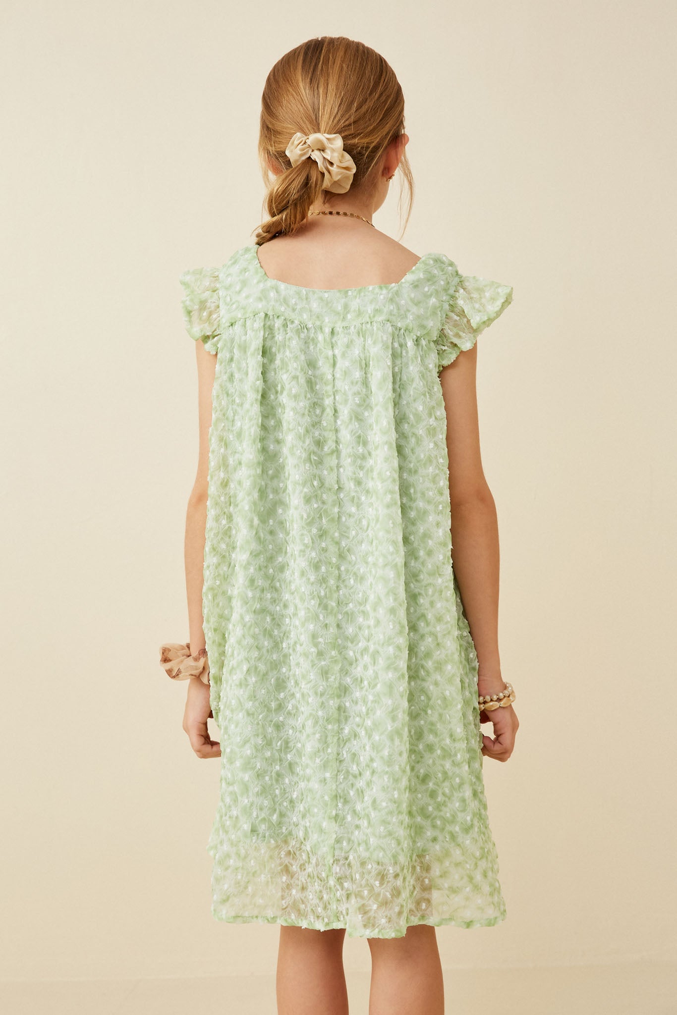 GY6459 Sage Girls Textured Swiss Dot Flutter Sleeve Dress Back