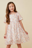 GY6461 BLUSH MIX Girls Watercolor Print Smocked Back Trumpet Sleeve Dress Front