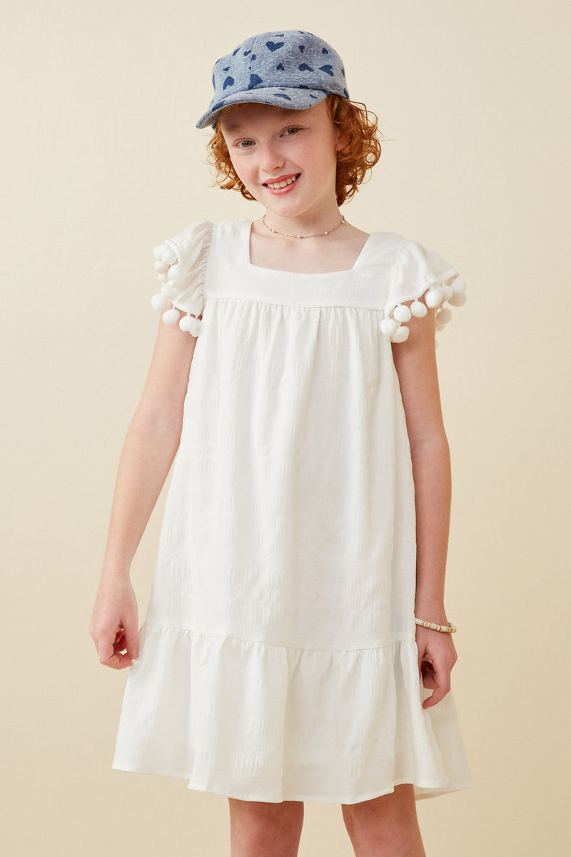 GY6462 Off White Girls Pompom Detailed Textured Ruffle Sleeve Dress Front