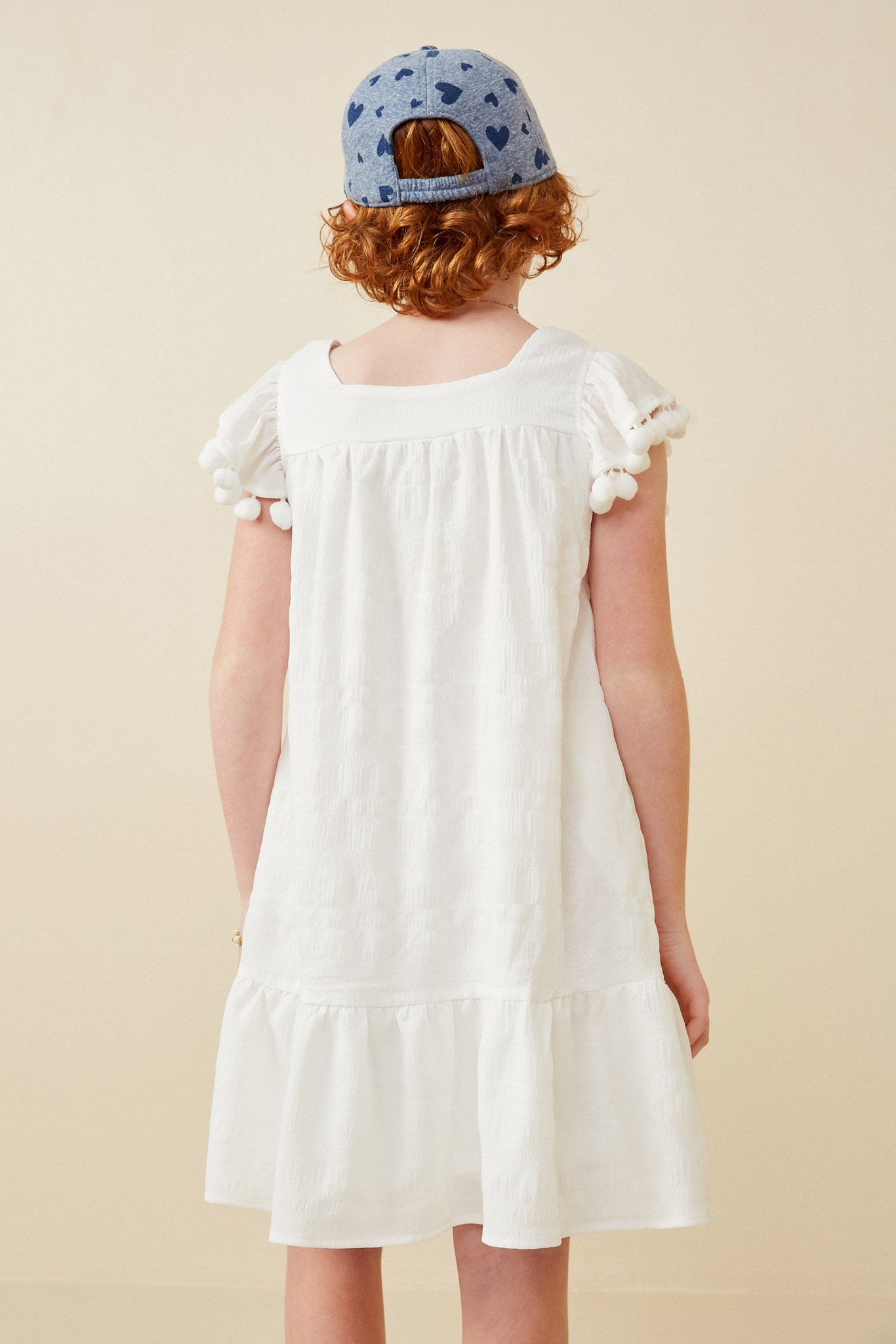 GY6462 Off White Girls Pompom Detailed Textured Ruffle Sleeve Dress Back