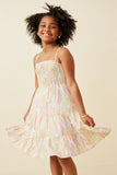 GY6463 Pink Mix Girls Watercolor Print Smocked Tiered Tank Dress Front