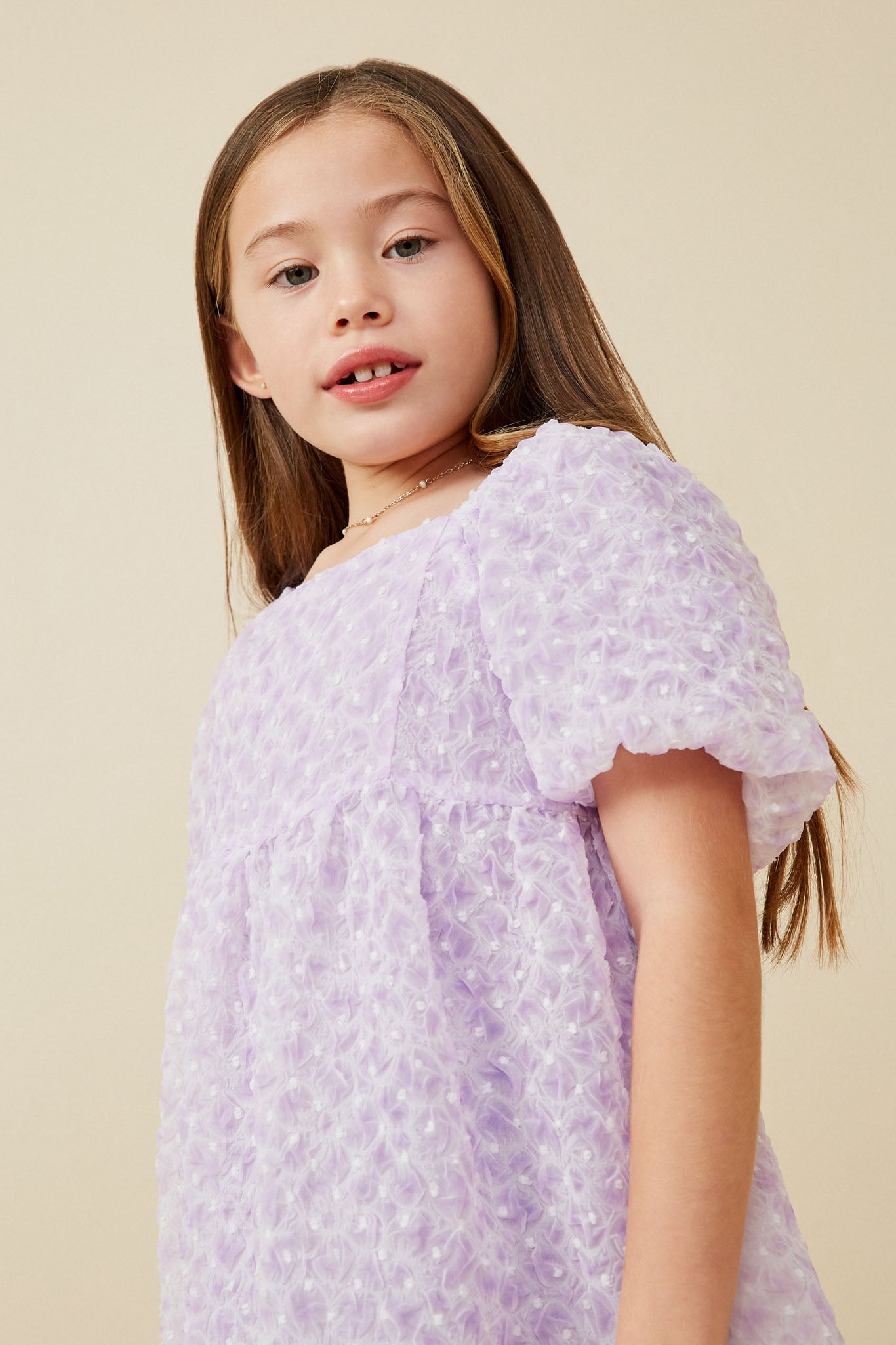 GY6465 LAVENDER Girls Textured Swiss Dot Trumpet Sleeve Top Detail