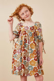 GY6466 Mustard Mix Girls Earthy Floral Square Neck Tie Sleeve Dress Front